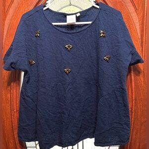 LC Lauren Conrad Navy Short-Sleeve Embellished Knit Top